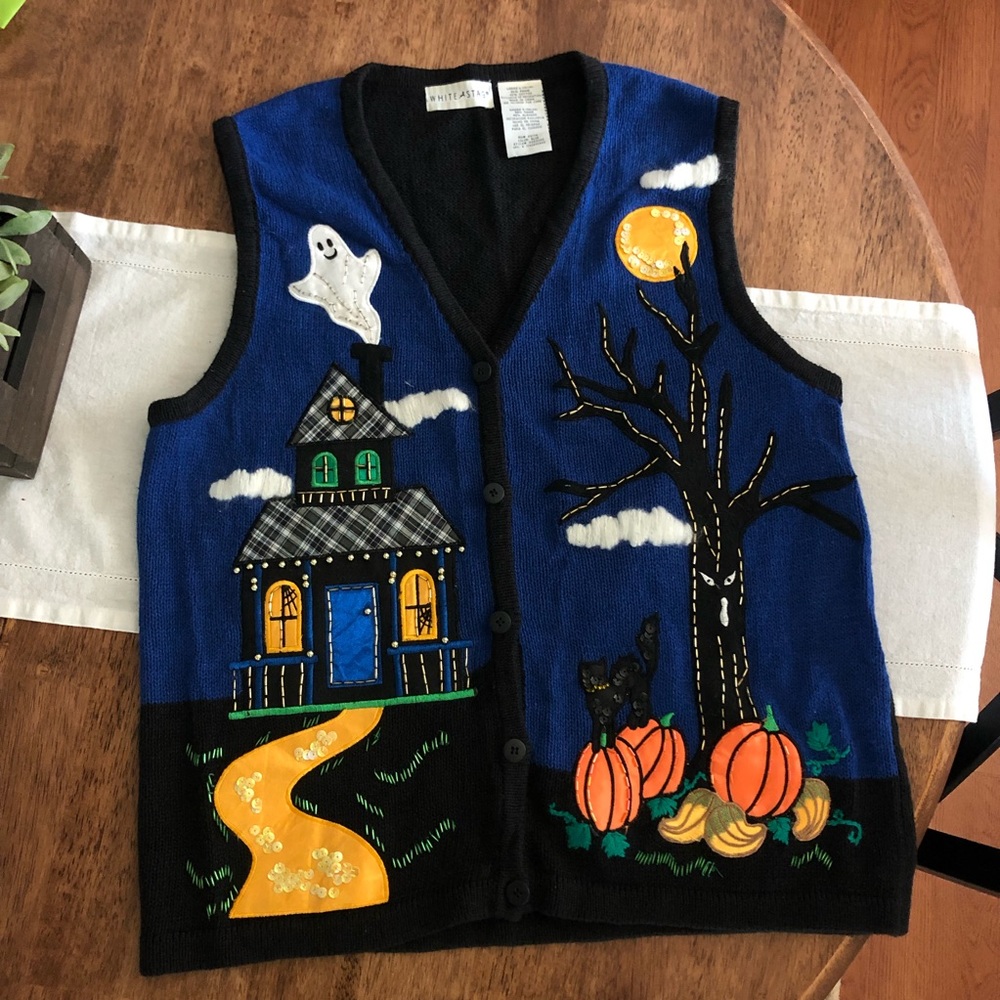 Vintage 90s Halloween Sweater Vest Beaded Sequins